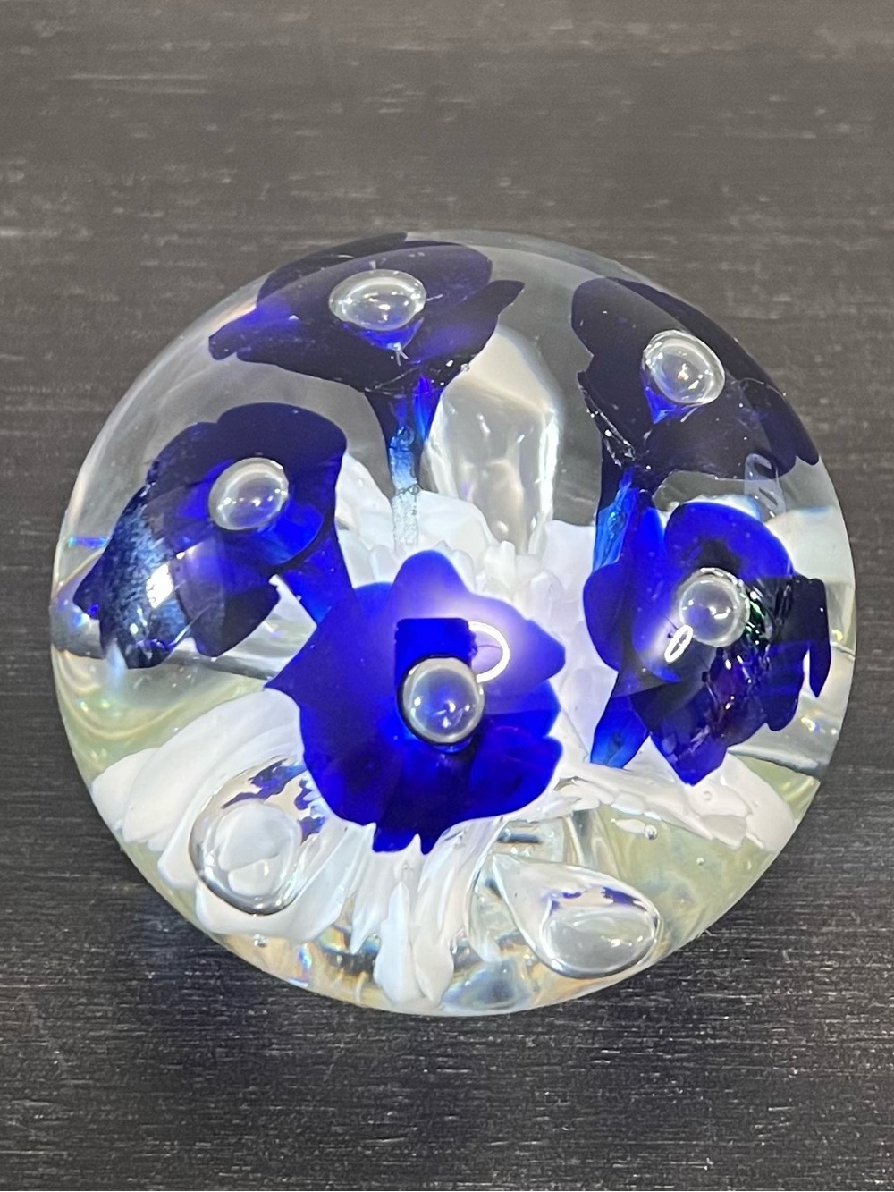 VTG Gibson 1985 Art Glass Paperweight Cobalt Blue Flowers 3” Signed Dated